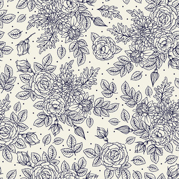 Seamless pattern with roses and chrysanthemum. Vintage. Freehand drawing © Xenia
