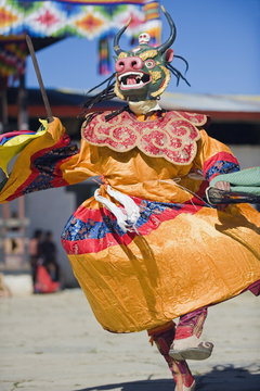 Dancers in costume at Tsechu (festival), Gangtey Gompa (Monastery), Phobjikha Valley, Bhutan