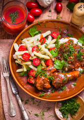 Chicken wings tomato sauce green beans rice
