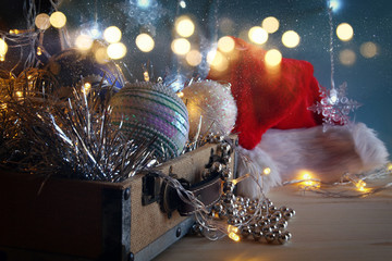 christmas festive decorations on wooden table