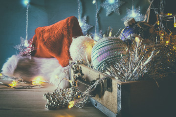 christmas festive decorations on wooden table