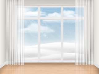 Fototapeta na wymiar Empty bright room with large window and sunny winter landscape outside. Vector realistic illustration of the interior. Architectural background.