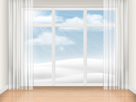 Empty bright room with large window and sunny winter landscape outside. Vector realistic illustration of the interior. Architectural background.