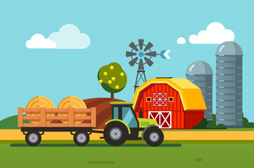 Tractor towing hay bales loaded to a trailer © iconicbestiary