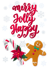 Merry, Jolly, Happy. Holiday greeting card with calligraphy and decorative elements.