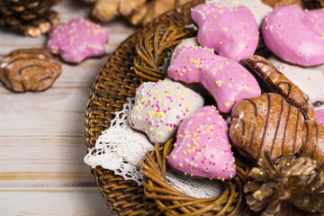 Christmas spicy cookies - colorful shaped cookies  on golden plate