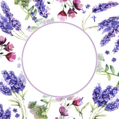 Wildflower lavender flower frame in a watercolor style isolated.