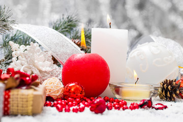 Christmas decoration hanging over wooden background