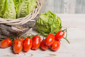 Green fresh roma lettuce salad leaves and roma mini tomatoes 