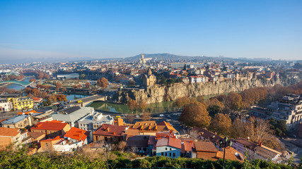 Fototapeta na wymiar The Panoramic View Of Tbilisi, Sameba, Metekhi, autumn, Georgia