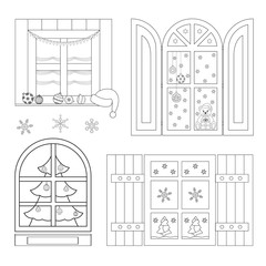 Set of Coloring Christmas windows. Coloring book. Vector illustration.