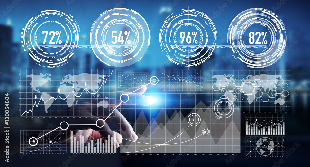 Poster Businessman touching digital graph interface 3D rendering