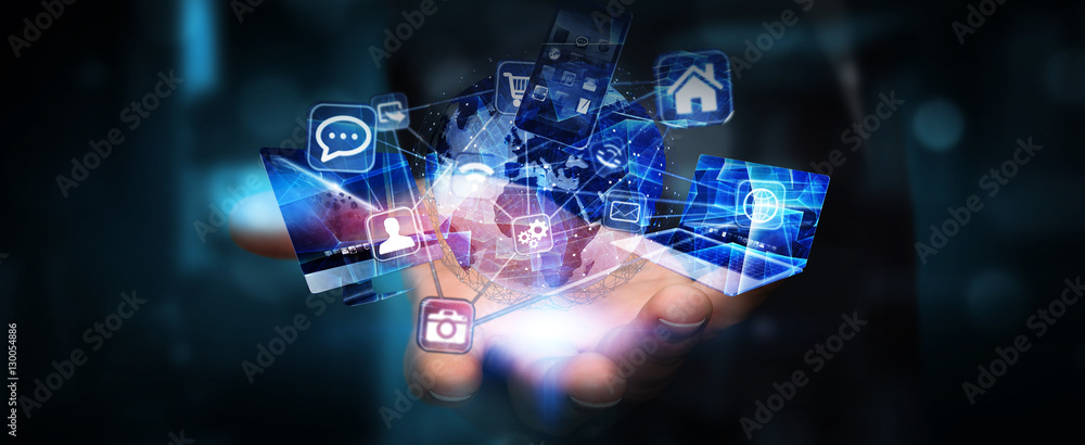 Aufkleber Tech devices and icons connected to digital planet earth