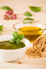 Closeup of pesto genovese sauce with fresh basil and pine nuts