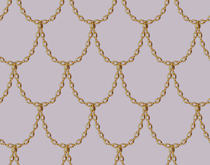 Golden chain seamless pattern on pale pink background. Gold Dragon scale vector art.