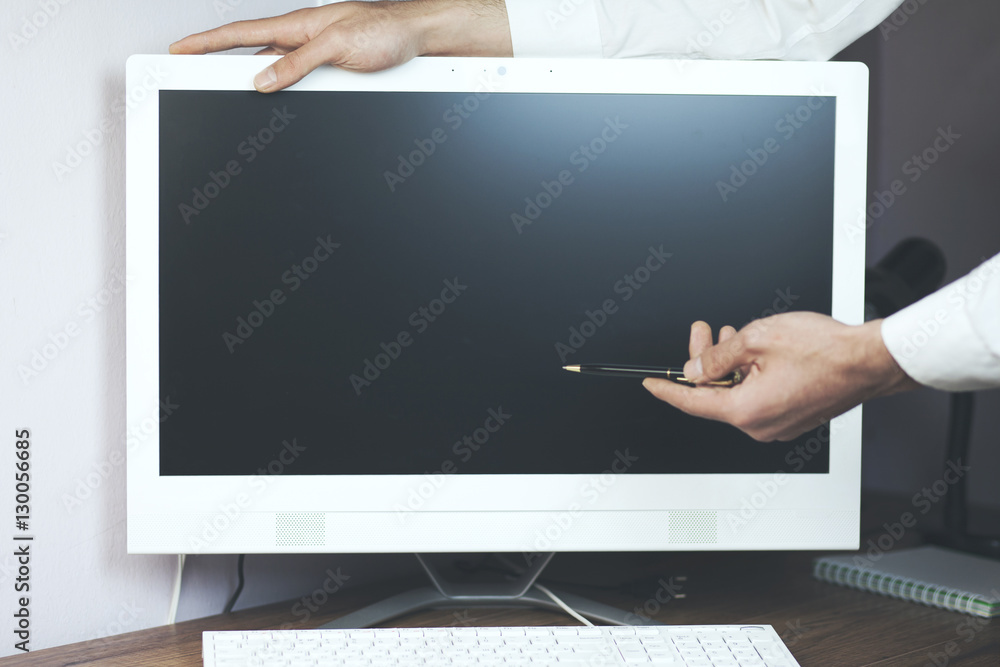 Poster man hand with computer