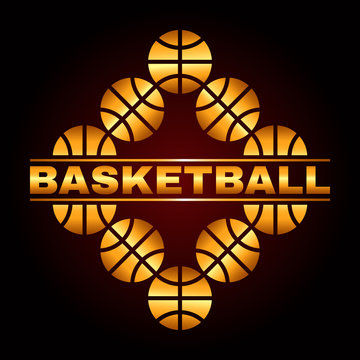 Golden basketball emblem on black background. Can be used for T-shirt, poster, banner, backdrops design.  EPS10-file, contains gradients.