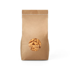 Brown craft paper pasta bag packaging template with stitch sewing isolated on white background. Packaging template mockup collection. With clipping Path included. Stand-up pouch Front view package