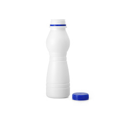 White plastic opened yogurt milk bottle with blue lid isolated on white background. Packaging...