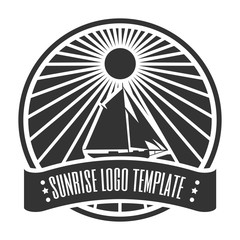 Vintage sun ray burst insignia logotype for logo design, emblem with ship