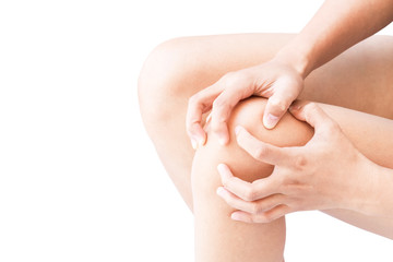 Closeup woman hand hold knee with pain symptom, health care and