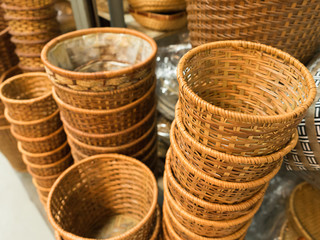 Selective focus on Wood Basket. There are product from wood industry