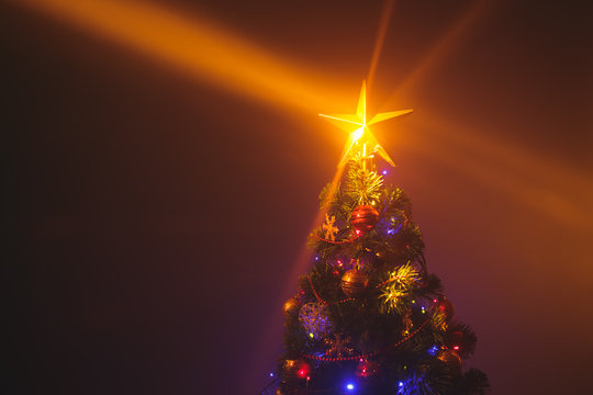 Christmas tree with shining star and dense mist