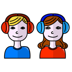 Couple man and woman listen to the music of red, blue, eyes open, vector