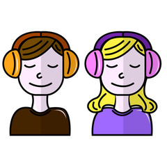 Couple man and woman listening to music orange, purple, vector