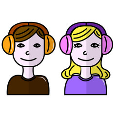 Couple man and woman listening to music orange, purple, eyes open, vector