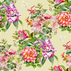 Möbelaufkleber Watercolor painting of leaf and flowers, seamless pattern © photoiget