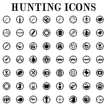 Hunting icons Fifty-six  icons on the theme of hunting, weapons, equipment, vehicles, animals, mushroom picking.