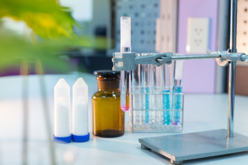 Laboratory glassware, bottle, flasks for experiment in lab.