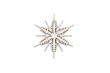 Gorgeous white wooden decoration - snowflake/ star. Adorable winter, Christmas, New Year, event decor made from solid wood. Isolated on white background. Top view. Closeup.