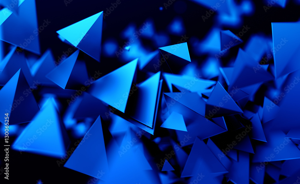 Poster abstract 3d rendering of chaotic low poly shapes. flying polygonal pyramids in empty space. futurist