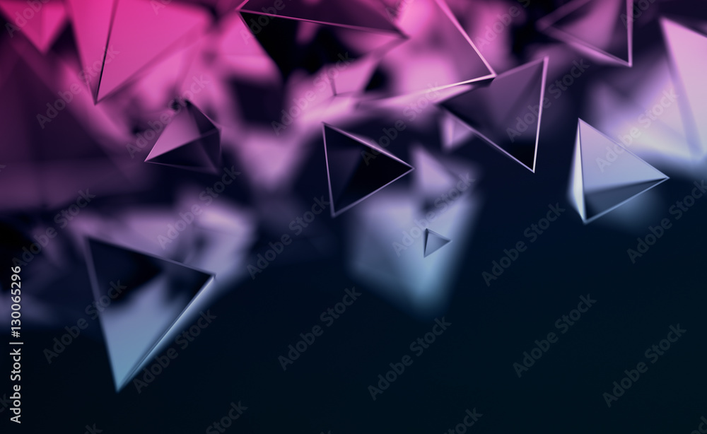 Poster abstract 3d rendering of chaotic low poly shapes. flying polygonal pyramids in empty space. futurist