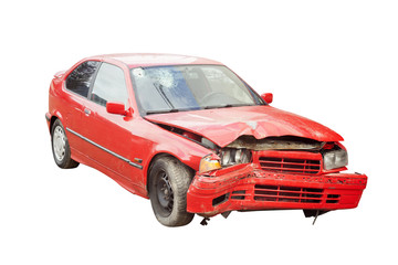 wrecked red car in accident