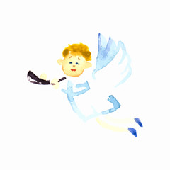 Angel with a pipe. Hand drawing in watercolor technique, vector