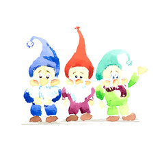 Three gnomes standing beside the watercolor. Little gnomes, cartoon, vector