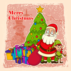 Santa Claus with Elf for Merry Christmas holiday celebration background