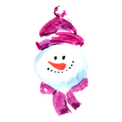 Snowman Christmas. Hand drawing in watercolor technique, vector