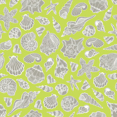 Seamless pattern with hand drawn seashells and starfishes.  Sea theme. Vector graphic illustration.