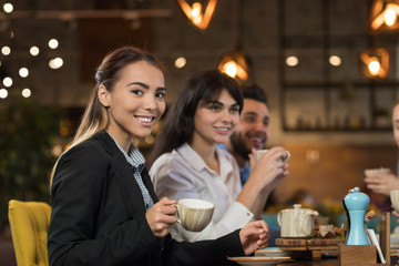 Young Business People Group Drink Coffee Sitting Cafe Table, Asian Girl Hold Cup Smiling Mix Race Men Women Talking