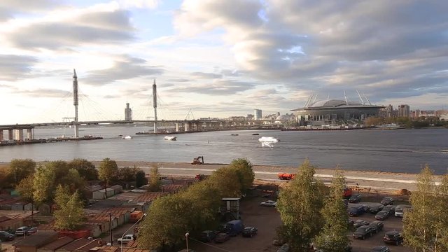 view of the River Neva and the construction of the stadium Zenit Arena on the Cross Island in St. Petersburg. September 14, 2016