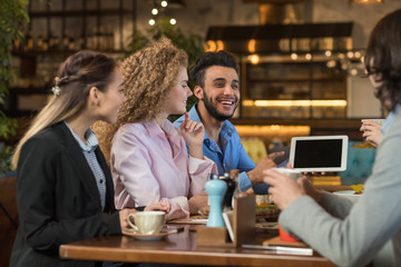 Young Business People Group Drink Coffee Cafe, Guy Show Tablet Computer, Friends Smiling Mix Race Men Women Talking
