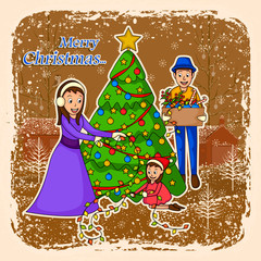 Family decorating tree for Merry Christmas