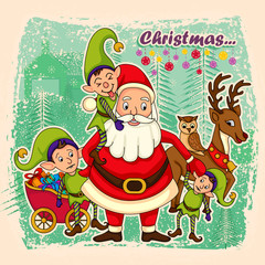 Santa Claus with deer and Elf for Merry Christmas
