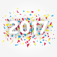 Vector illustration of text 2017 and explosion isolated on white.