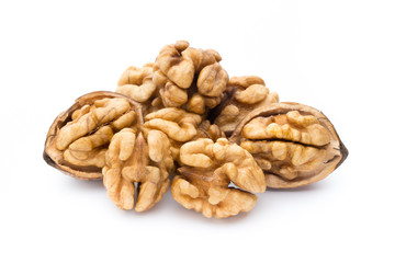 Walnut and walnut kernel isolated on the white background.