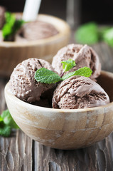 Cold ice cream with chocolate and mint